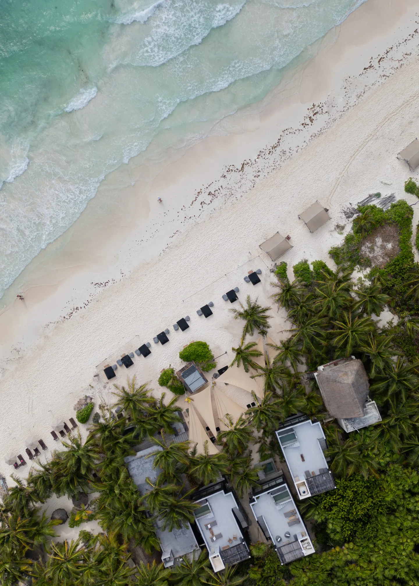 Vista aérea de un resort de playa con palmeras y sombrillas.